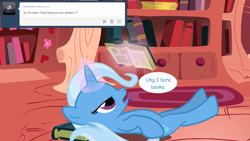 Size: 1280x720 | Tagged: safe, artist:hakunohamikage, imported from derpibooru, trixie, pony, unicorn, ask-princesssparkle, ask, book, female, golden oaks library, magic, mare, solo, tumblr