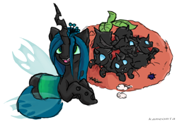 Size: 1730x1200 | Tagged: dead source, safe, artist:kameomia, imported from derpibooru, queen chrysalis, changeling, changeling queen, nymph, baby, baby changeling, cute, cutealis, cuteling, female, grub, i made this, mommy chrissy, pillow, ponified animal photo, prone, simple background, white background