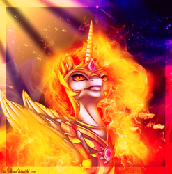 Size: 1323x1339 | Tagged: safe, artist:she-nightmare, imported from derpibooru, daybreaker, alicorn, pony, armor, female, helmet, mare, smiling, solo