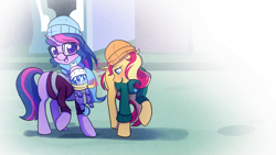 Size: 1920x1080 | Tagged: safe, artist:little-tweenframes, deleted from derpibooru, imported from derpibooru, sci-twi, sunset shimmer, twilight sparkle, oc, oc:sparkling sapphire, pony, unicorn, series:sciset diary, baby, baby pony, clothes, coat, cute, equestria girls ponified, female, glasses, hat, lesbian, magic, magical lesbian spawn, ocbetes, offspring, parent:sci-twi, parent:sunset shimmer, parents:scitwishimmer, ponified, scarf, scitwishimmer, shimmerbetes, shipping, smiling, sunsetsparkle, twiabetes