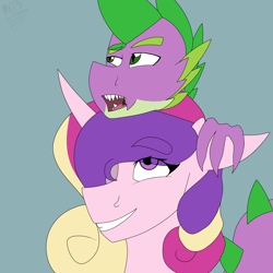 Size: 1688x1688 | Tagged: safe, artist:moonakart13, artist:moonaknight13, imported from derpibooru, princess cadance, spike, dragon, chat, chatting, claws, fangs, leaning, smiling, talking