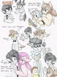 Size: 2415x3230 | Tagged: safe, artist:flicker-show, imported from derpibooru, pinkie pie, oc, oc:flicker show, oc:jitter bug, earth pony, pony, bedroom eyes, female, filly, morty smith, pinkamena diane pie, rick and morty, rick sanchez, siblings, traditional art