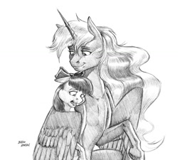 Size: 1300x1172 | Tagged: safe, artist:baron engel, imported from derpibooru, apple bloom, princess luna, alicorn, earth pony, pony, comforting, duo, female, filly, grayscale, hug, mare, monochrome, pencil drawing, simple background, sketch, traditional art, white background, winghug