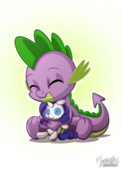 Size: 955x1351 | Tagged: safe, artist:mysticalpha, imported from derpibooru, rarity, spike, dragon, unicorn, baby, baby dragon, button eyes, crush plush, cuddling, cute, eyes closed, fangs, female, happy, hug, male, plushie, rarity plushie, shipping, signature, simple background, sitting, solo, sparity, spikabetes, straight, white background