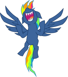 Size: 6400x7315 | Tagged: safe, artist:parclytaxel, imported from derpibooru, part of a set, rainbow dash, pegasus, pony, secrets and pies, .svg available, absurd resolution, evil laugh, evil pie hater dash, female, final form, flying, laughing, mare, nose in the air, sharp teeth, simple background, solo, teeth, transparent background, vector