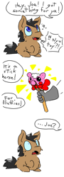 Size: 540x1500 | Tagged: safe, artist:squeakyfriend, imported from derpibooru, fluffy pony, 3 panel comic, comic, hobby horse, horrified, hugbox, implied decapitation, reins, simple background