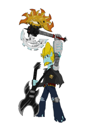 Size: 1400x2100 | Tagged: safe, artist:sanyo2100, imported from derpibooru, oc, oc only, oc:tech gear, anthro, ammunition, amputee, axe, brutal equestria, guitar, male, pose, prosthetic arm, prosthetic limb, prosthetics, shotgun shell, simple background, solo, weapon