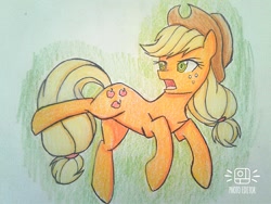 Size: 1012x760 | Tagged: safe, artist:ponime11, imported from derpibooru, applejack, earth pony, pony, chest fluff, colored pencil drawing, cowboy hat, female, hat, kicking, solo, traditional art