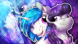 Size: 3840x2160 | Tagged: safe, artist:lupiarts, imported from derpibooru, dj pon-3, octavia melody, vinyl scratch, earth pony, pony, unicorn, female, lesbian, mare, one eye closed, open mouth, scratchtavia, shipping, smiling, wink