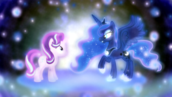 Size: 1600x900 | Tagged: safe, artist:drakizora, artist:sailortrekkie92, edit, imported from derpibooru, princess luna, starlight glimmer, alicorn, pony, unicorn, to where and back again, duo, female, mare, raised hoof, smiling, vector, wallpaper, wallpaper edit