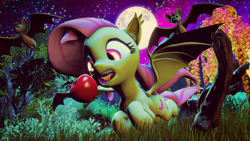 Size: 3840x2160 | Tagged: safe, artist:dj-chopin, imported from derpibooru, fluttershy, bat, bat pony, 3d, apple, fangs, female, flutterbat, flying, food, full moon, moon, open mouth, poster, race swap, solo, source filmmaker