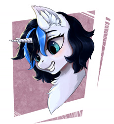 Size: 1484x1609 | Tagged: safe, artist:rokufuro, imported from derpibooru, oc, oc only, oc:mirror image, unicorn, bust, female, grin, horn, mare, portrait, smiling, solo, ych result