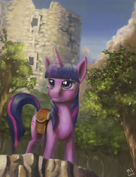 Size: 2200x2850 | Tagged: safe, artist:maroonillustrator, imported from derpibooru, twilight sparkle, pony, unicorn, cloud, female, mare, ruins, saddle bag, scenery, sky, solo, tree, unicorn twilight