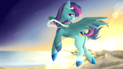 Size: 1920x1080 | Tagged: safe, artist:tokokami, imported from derpibooru, oc, oc only, oc:laser shine, pegasus, pony, cute, flower, hawaii, lens flare, solo, sunset