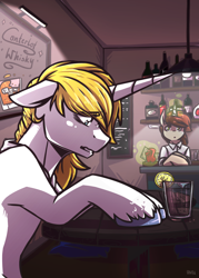 Size: 2500x3500 | Tagged: safe, artist:lrusu, imported from derpibooru, prince blueblood, oc, pony, unicorn, alcohol, bar, bartender, clothes, commission, glowing horn, magic, male, stallion, telekinesis, unshorn fetlocks