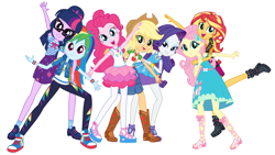 Size: 8000x4500 | Tagged: safe, imported from derpibooru, applejack, fluttershy, pinkie pie, rainbow dash, rarity, sci-twi, sunset shimmer, twilight sparkle, equestria girls, equestria girls series, absurd resolution, clothes, converse, cowboy hat, dress, feet, freckles, geode of empathy, geode of shielding, geode of sugar bombs, geode of super speed, geode of super strength, geode of telekinesis, glasses, hat, humane five, humane seven, humane six, lidded eyes, looking at you, magical geodes, official, open mouth, pants, pantyhose, promotional art, rarity peplum dress, sandals, shoes, simple background, smiling, sneakers, stetson, vector, white background