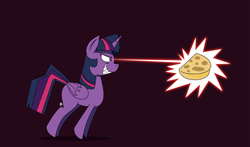 Size: 1700x1000 | Tagged: safe, artist:feralroku, imported from derpibooru, twilight sparkle, alicorn, secrets and pies, evil cheese hater twilight, evil grin, evil pie hater dash species, evil quesadilla hater twilight, eye beams, female, food, grin, laser, magic blast, parody, pew pew pew, quesadilla, revenge, sharp teeth, simple background, smiling, solo, teeth, they're just so cheesy, twilight sparkle (alicorn)