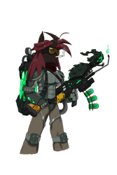 Size: 1400x2100 | Tagged: safe, artist:sanyo2100, imported from derpibooru, oc, oc only, oc:invictia sadie, anthro, unguligrade anthro, armor, bandage, brutal equestria, flamethrower, fuel tank, goggles, grenade, grenade launcher, knee pads, pose, simple background, smoking, transparent background, weapon