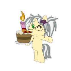 Size: 404x404 | Tagged: safe, artist:sanyo2100, imported from derpibooru, oc, oc only, oc:mercury shine, unicorn, cake, chibi, cute, female, flower, flower in hair, food, one eye closed, simple background, solo, standing, transparent background, wink