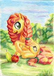 Size: 500x697 | Tagged: safe, artist:kirillk, imported from derpibooru, pear butter, earth pony, pony, the perfect pear, apple, female, food, pear, sitting, smiling, solo, traditional art