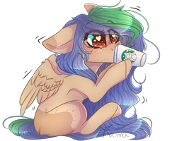 Size: 2000x1600 | Tagged: safe, artist:skimea, imported from derpibooru, oc, oc only, oc:dumplings, pegasus, pony, female, heart eyes, mare, simple background, sitting, solo, starbucks, transparent background, wingding eyes