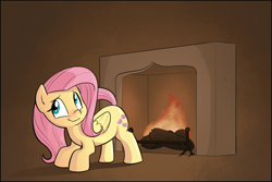 Size: 889x593 | Tagged: safe, artist:shoutingisfun, imported from derpibooru, fluttershy, pegasus, pony, :t, ass up, behaving like a cat, behaving like a dog, blushing, brown background, cute, featured image, female, fire, fireplace, folded wings, heat, indoors, looking at you, mare, nervous, raised tail, shyabetes, simple background, smiling, solo, tail, toasty, wings