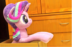 Size: 1028x684 | Tagged: safe, artist:nekokevin, imported from derpibooru, starlight glimmer, pony, unicorn, series:nekokevin's glimmy, box, cute, female, glimmerbetes, irl, life size, mare, photo, plushie, pony in a box, smiling, solo