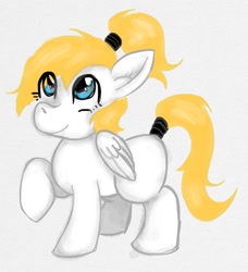 Size: 776x852 | Tagged: safe, artist:anonymous, imported from derpibooru, oc, oc only, oc:luftkrieg, pegasus, pony, aryan, aryan pony, blonde, cute, female, filly, hoof in air, nazi, nazipone, ponytail, smiling, standing, tail wrap