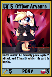 Size: 440x645 | Tagged: safe, artist:aryanne, artist:rodlee1000, imported from derpibooru, oc, oc only, oc:aryanne, earth pony, pony, bipedal, boots, card, card game, clothes, female, shoes, uniform