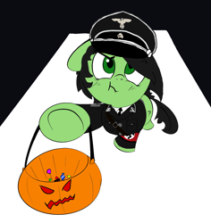 Size: 1602x1700 | Tagged: safe, artist:anonymous, imported from derpibooru, oc, oc only, oc:filly anon, /mlpol/, anonymous, armband, candy, clothes, costume, cute, female, filly, food, halloween, hat, heil, holiday, jack-o-lantern, military uniform, nazi, nazi armband, nazi uniform, obersturmfuher, pumpkin, pumpkin bucket, scrunchy face, sieg heil, swastika, totenkopf, trick or treat, uniform