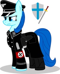 Size: 873x1080 | Tagged: safe, artist:anonymous, imported from derpibooru, oc, oc only, earth pony, pony, boots, female, gun, handgun, holster, military, nazi, nazi armband, pistol, schutzstaffel, shield, shoes, standing, swastika, swastikas, sword, vector, weapon