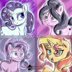 Size: 3000x3000 | Tagged: safe, artist:katakiuchi4u, imported from derpibooru, rarity, starlight glimmer, sunset shimmer, oc, pony, unicorn, colored sketch, female, mare, smiling