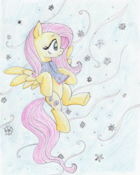 Size: 2353x2961 | Tagged: safe, artist:sonic-spatula, imported from derpibooru, fluttershy, pegasus, pony, clothes, colored pencil drawing, female, flying, looking at something, scarf, smiling, snow, snowfall, snowflake, solo, spread wings, traditional art, wings, winter