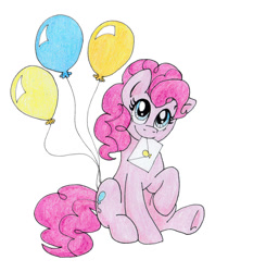 Size: 1024x1046 | Tagged: safe, artist:sonic-spatula, imported from derpibooru, pinkie pie, earth pony, pony, balloon, envelope, female, looking at you, mouth hold, raised hoof, simple background, sitting, smiling, solo, traditional art, white background