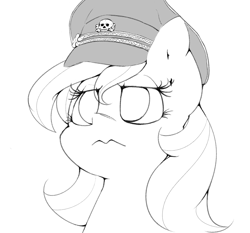 Size: 1021x952 | Tagged: safe, artist:lyrabop, imported from derpibooru, oc, oc only, oc:aryanne, earth pony, pony, aryan pony, black and white, female, grayscale, hat, looking away, monochrome, peaked cap, simple background, solo, white background