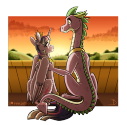 Size: 900x886 | Tagged: safe, artist:inuhoshi-to-darkpen, imported from derpibooru, spike, twilight sparkle, alicorn, dragon, pony, crown, duo, jewelry, looking at each other, older, older spike, regalia, smiling, sunset, twilight sparkle (alicorn)