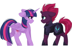 Size: 3000x2048 | Tagged: dead source, safe, artist:cinnamontee, imported from derpibooru, tempest shadow, twilight sparkle, alicorn, pony, unicorn, my little pony: the movie, armor, broken horn, cute, female, looking at each other, mare, simple background, smiling, tempestbetes, transparent background, twiabetes, twilight sparkle (alicorn)