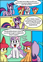 Size: 1120x1579 | Tagged: safe, artist:shrabby, imported from derpibooru, apple bloom, scootaloo, sweetie belle, twilight sparkle, alicorn, pony, unicorn, butt, comic, cutie mark crusaders, dialogue, female, imminent vore, mare, patreon, patreon logo, plot, potion, questionable source, twilight sparkle (alicorn), twipred, varying degrees of want