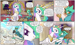 Size: 1920x1149 | Tagged: safe, artist:pencils, imported from derpibooru, princess celestia, oc, oc:glenda gullwind, alicorn, griffon, pony, comic:sunbutt sunday, bed, comic, crown, cup, dialogue, drinking, duo, eyeshadow, female, food, glowing horn, horseshoes, hug, jewelry, looking back, magic, makeup, mare, open mouth, peytral, prone, regalia, speech bubble, tea, teabag, teapot, telekinesis, this will end in lesbianism, vase, window, wing hands, winghug