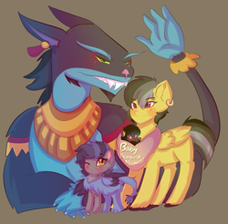 Size: 2925x2881 | Tagged: safe, artist:karsismf97, imported from derpibooru, ahuizotl, daring do, oc, hybrid, darizotl, female, interspecies offspring, male, offspring, parent:ahuizotl, parent:daring do, parents:darizotl, shipping, straight