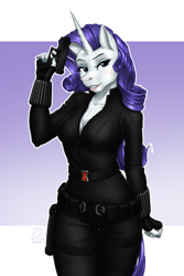 Size: 1900x2850 | Tagged: safe, alternate version, artist:mykegreywolf, imported from derpibooru, rarity, anthro, unicorn, black widow (marvel), breasts, cleavage, clothes, crossover, female, glock, gun, handgun, lipstick, mare, marvel, no trigger discipline, pistol, reasonably sized breasts, spy, weapon