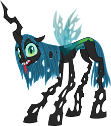 Size: 1042x1182 | Tagged: safe, artist:starryoak, imported from derpibooru, queen chrysalis, changeling, changeling queen, miracleverse, alternate universe, anorexic, female, looking at you, sharp teeth, simple background, solo, teeth, tongue out, transparent background, transparent wings, wings