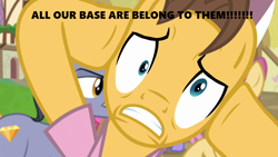 Size: 1280x720 | Tagged: safe, edit, edited screencap, imported from derpibooru, screencap, caramel, diamond cutter, dizzy twister, orange swirl, fame and misfortune, season 7, all your base are belong to us, caption, derp, dramamel, image macro, male, meme, ponyville, solo, text, zero wing