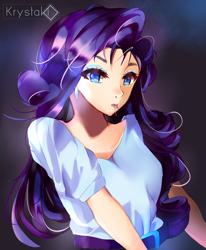 Size: 600x727 | Tagged: safe, artist:krystaki, imported from derpibooru, rarity, human, clothes, eyeshadow, female, humanized, looking at you, makeup, shirt, solo