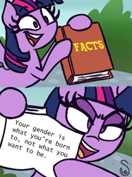 Size: 760x1015 | Tagged: safe, artist:quarium edits, deleted from derpibooru, edit, imported from derpibooru, twilight sparkle, alicorn, pony, 2 panel comic, book, comic, ed edd n eddy, exploitable, exploitable meme, facts, female, gender, mare, meme, mouthpiece, op is a duck, op started shit, open mouth, signature, smiling, solo, text, transphobia, twilight sparkle (alicorn), twilight's fact book