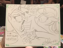Size: 2048x1536 | Tagged: safe, artist:andypriceart, imported from derpibooru, lyra heartstrings, twilight sparkle, pony, unicorn, andy you magnificent bastard, clothes, female, gloves, hand, mare, sketch, speech bubble, that pony sure does love hands, traditional art