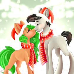 Size: 1024x1024 | Tagged: safe, artist:beashay, imported from derpibooru, oc, oc only, earth pony, pony, christmas, clothes, female, hat, holiday, male, mare, nuzzling, santa hat, scarf, stallion