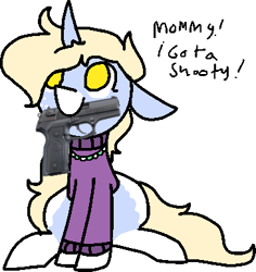 Size: 365x386 | Tagged: safe, artist:nootaz, imported from derpibooru, oc, oc only, oc:nootaz, pony, unicorn, clothes, gun, jewelry, mouth hold, necklace, simple background, sitting, sweater, transparent background, weapon