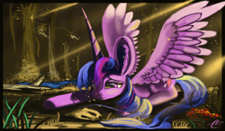 Size: 8640x5040 | Tagged: safe, artist:auroriia, imported from derpibooru, twilight sparkle, alicorn, pony, absurd resolution, female, impossibly large ears, mare, prone, smiling, solo, spread wings, stone, twilight sparkle (alicorn), wings