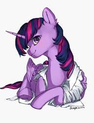 Size: 1000x1300 | Tagged: safe, artist:makkah, artist:rossignolet, imported from derpibooru, twilight sparkle, alicorn, pony, clothes, female, gray background, looking at you, mare, prone, shirt, simple background, smiling, twilight sparkle (alicorn)